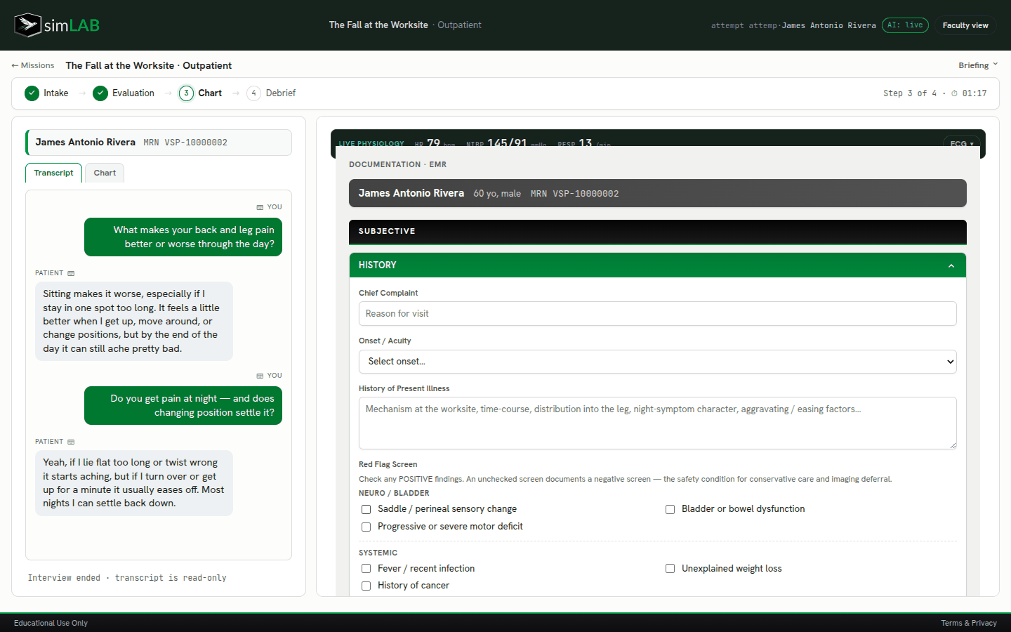 simLAB chart step — the EMR-style note with a red-flag screen, problems, and goals