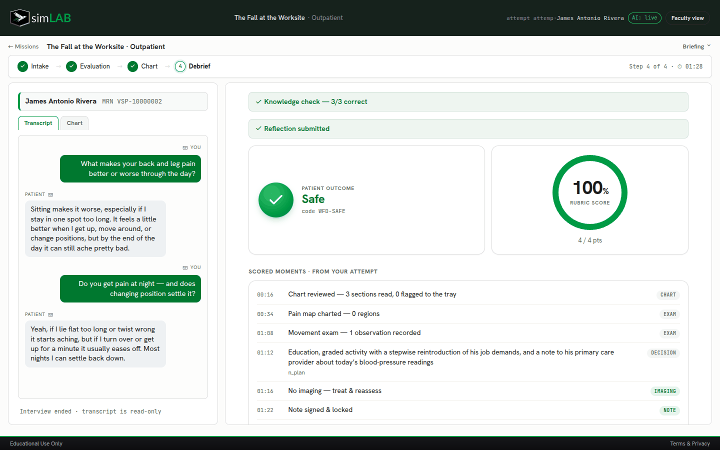 simLAB debrief — outcome, rubric score, and the scored moments of the attempt