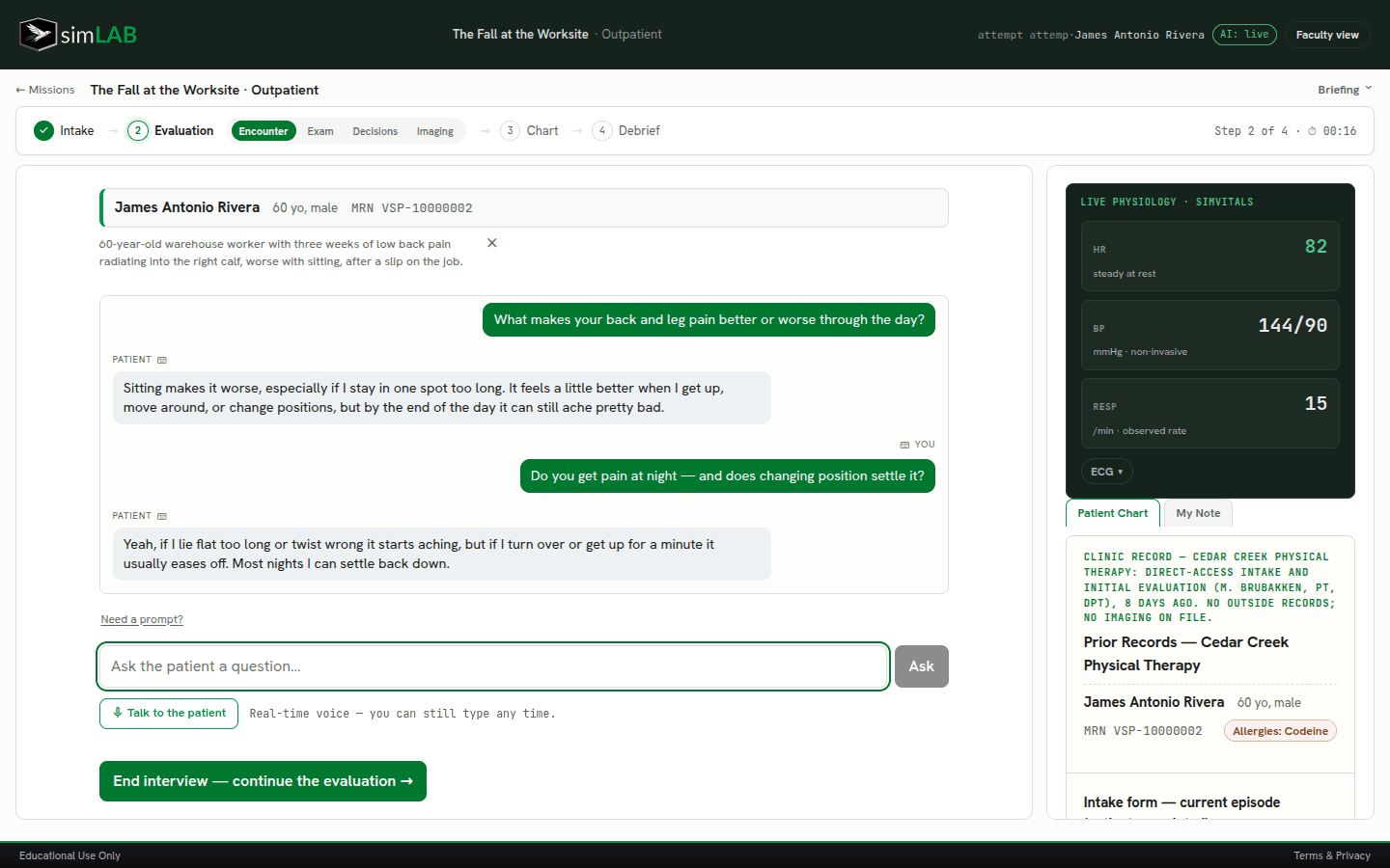 simLAB interview step — talking with the virtual patient by text or voice with live vitals