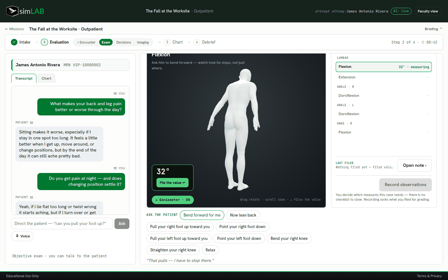 simLAB movement exam — directing the 3D patient and filing goniometer values