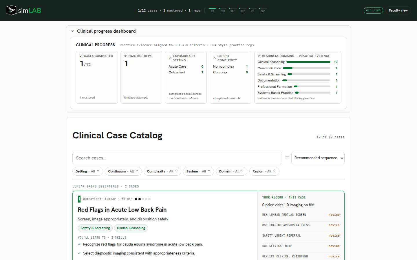 simLAB clinical progress dashboard — cases completed, practice reps, exposures by setting, patient complexity, and readiness-domain evidence