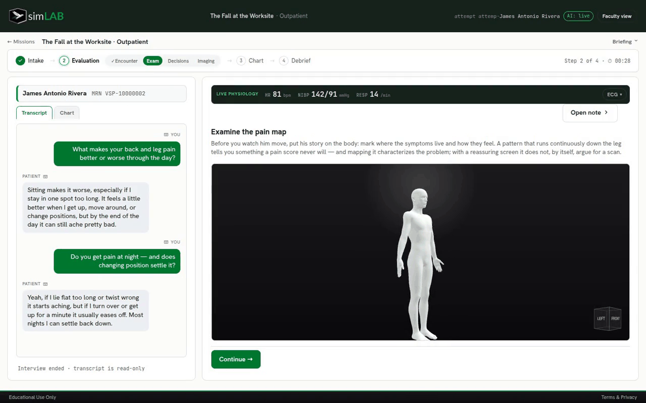 3D symptom examination inside the simulator