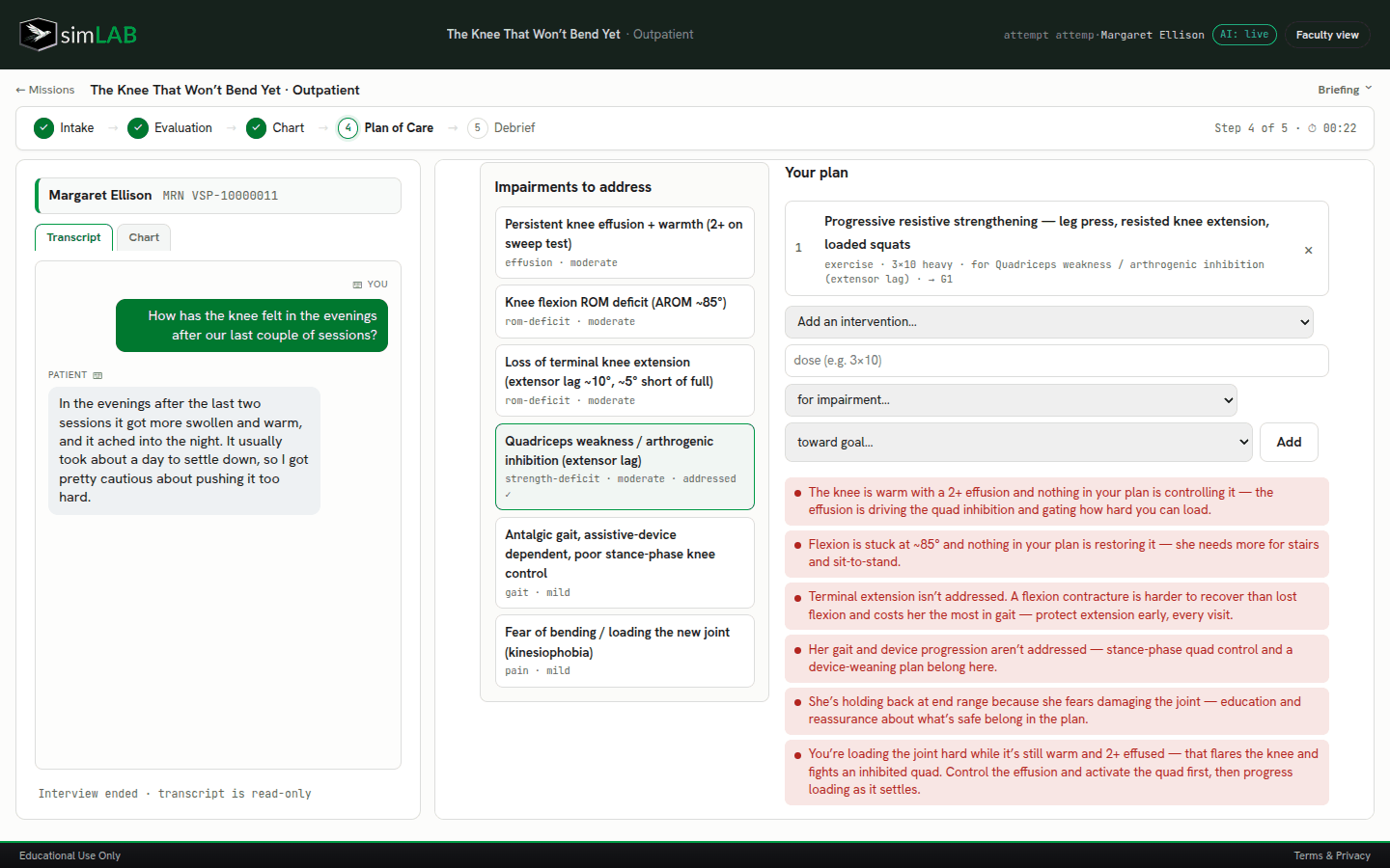 simLAB plan of care — matching interventions to impairments with live feedback